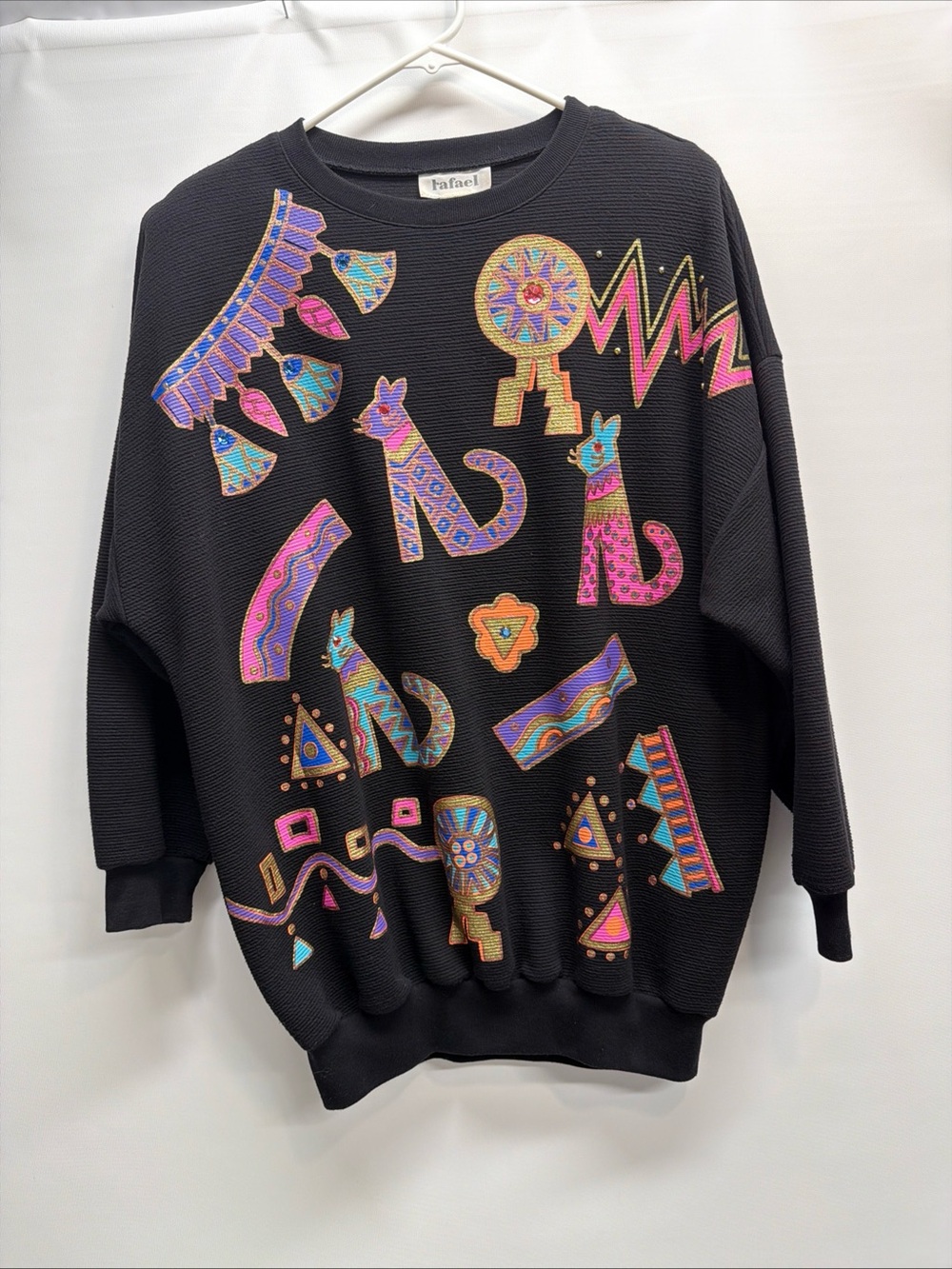 VTG Rafael Puff Black Sweater 80s Cats Kitty Print Rhinestones Details Sz XL